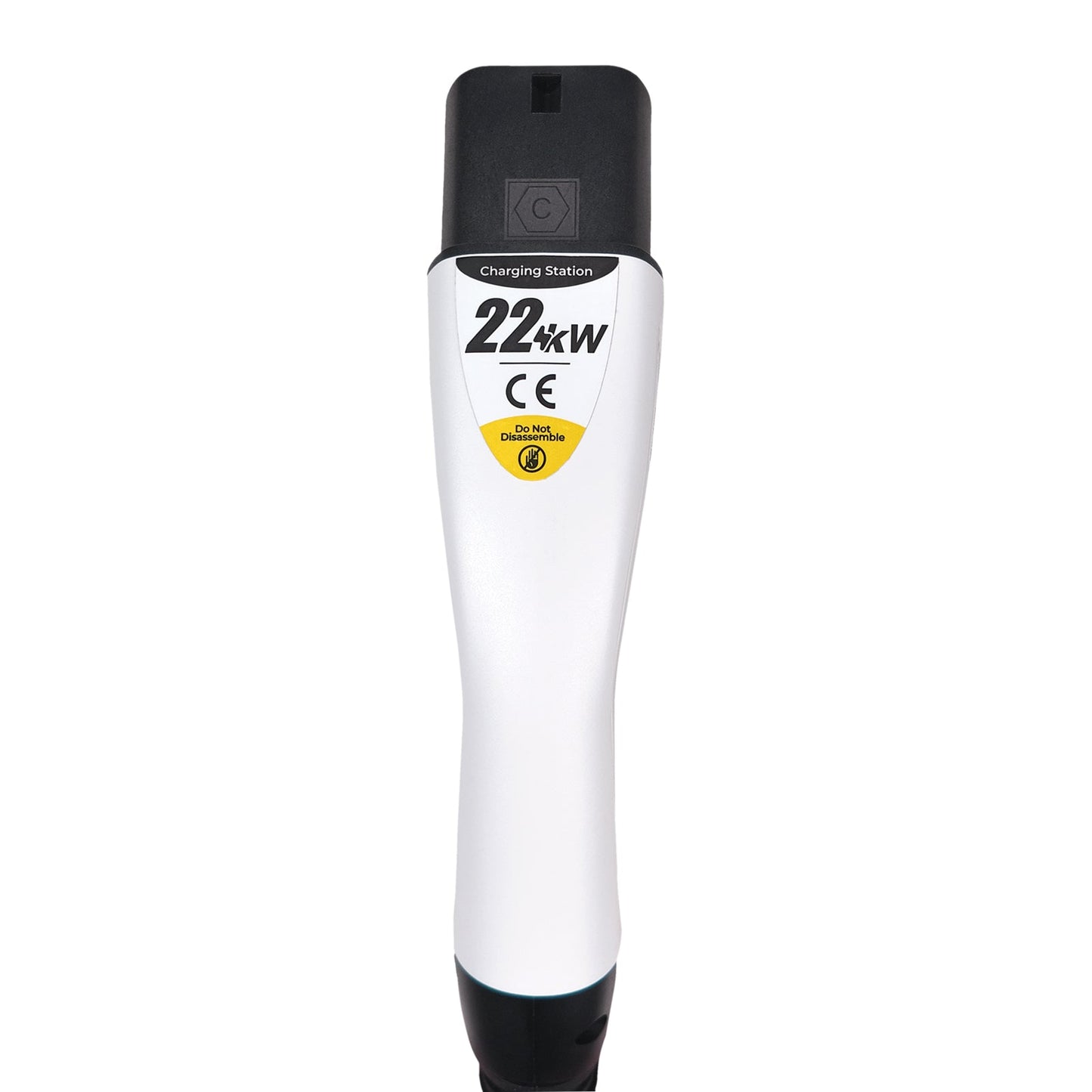 Front view of Rheidon Type 2 EV charging cable connector showing 22kW label, CE certification, and safety warning “Do Not Disassemble”