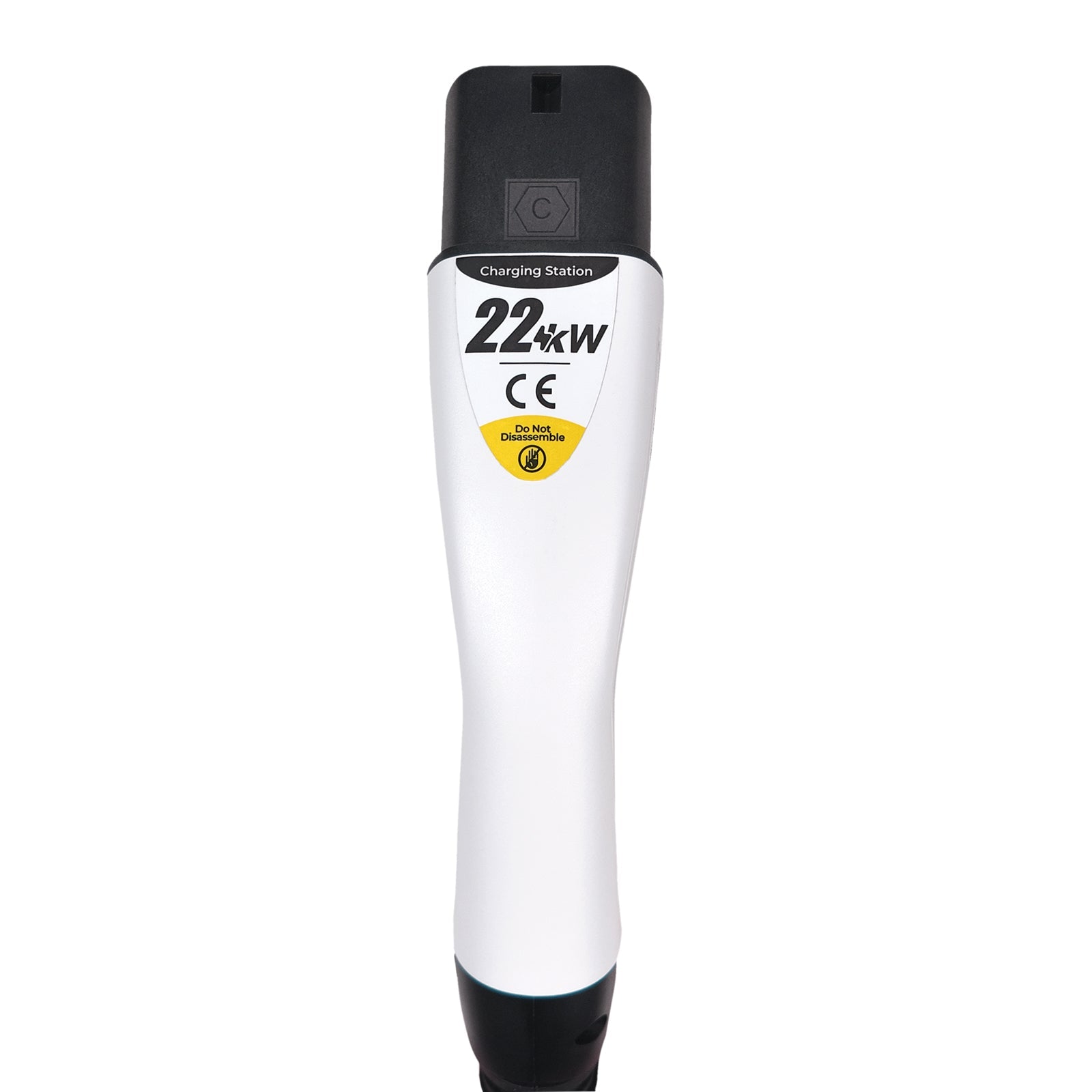 Front view of Rheidon Type 2 EV charging cable connector showing 22kW label, CE certification, and safety warning “Do Not Disassemble”