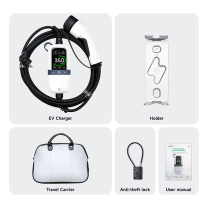 Complete EV charger set including 11kW portable charger with Type 2 plug, wall-mounted holder, travel carrier bag, anti-theft lock, and user manual