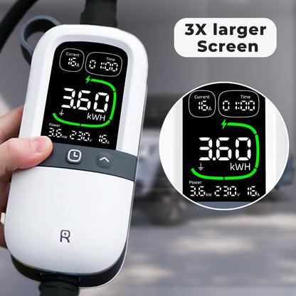 Rheidon EV charger with 3X larger LED display, showing real-time charging data including power, voltage, current, and time