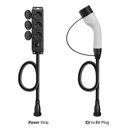 EV charging accessories including a 4-socket weatherproof power strip and a Type 2 to Type 2 extension cable with twist-lock connectors
